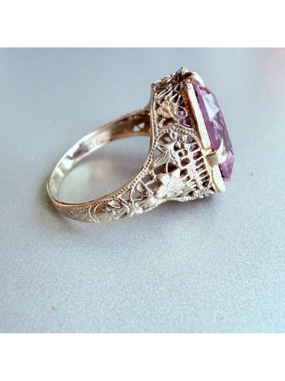 Estate 14K White Gold Antique Art Deco 5 CT Emerald Cut Amethyst Ring - Picture 11 of 13